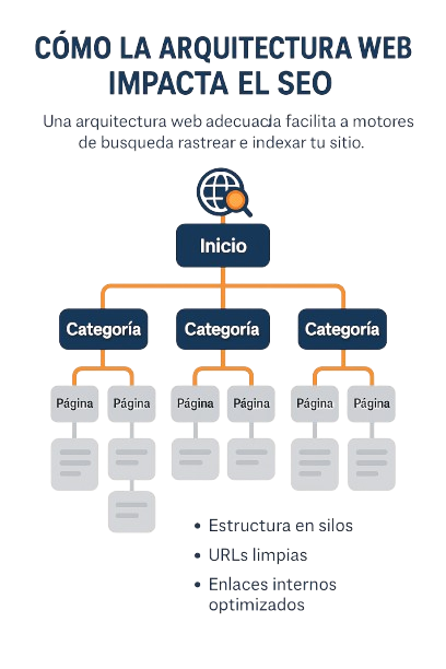Infografía mostrando cómo la arquitectura web impacta el SEO.
