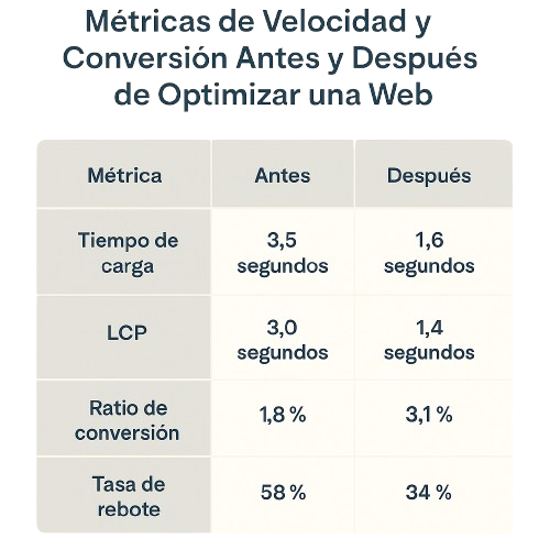 Tabla de métricas de velocidad y conversión antes y después de optimizar una web.